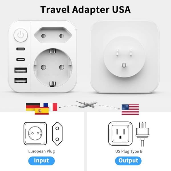 Kompakt 6-i-1 Sort Rejseadapter til USA, 2 USB-C og 2 USB-A, Hurtig Opladning til USA, Canada og Mexico