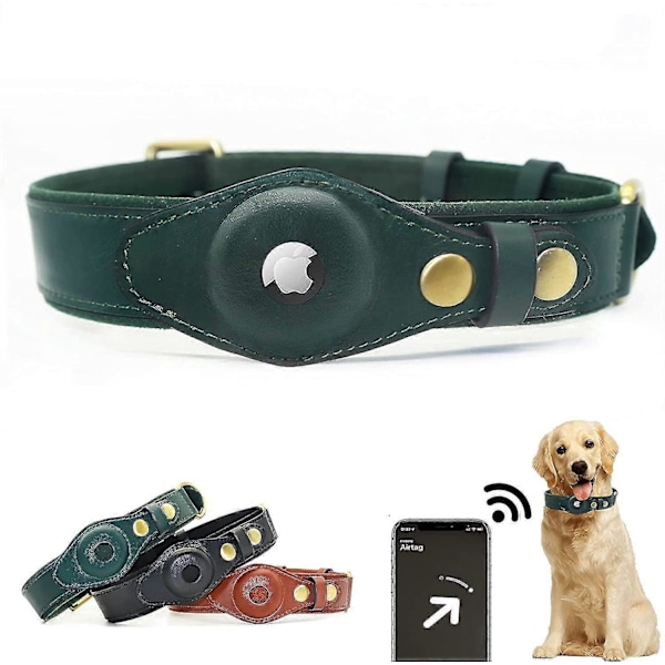 Airtag Hundhalsband, Justerbart Hundhalsband i Naturligt Nötskinnsläder med Hållare Kompatibel med Airtag Green M