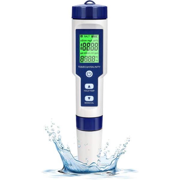 Elektronisk pH-tester, 5-i-1 poolvandstester med baggrundsbelysning, pH/TDS/EC/Salinitet/Temperatur med ATC