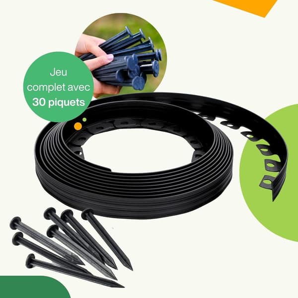 20 meter trädgårdskant i plast med 60 förankringsspikar, flexibel gräskant, gräskant med robusta spikar, trädgårdsidé, 50 mm höjd, antracit