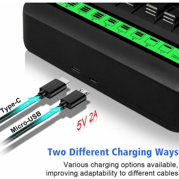8-spors rask LED universell batterilader, batterilader for AA/AAA/C/D Ni-MH Ni-CD oppladbare batterier med USB-port