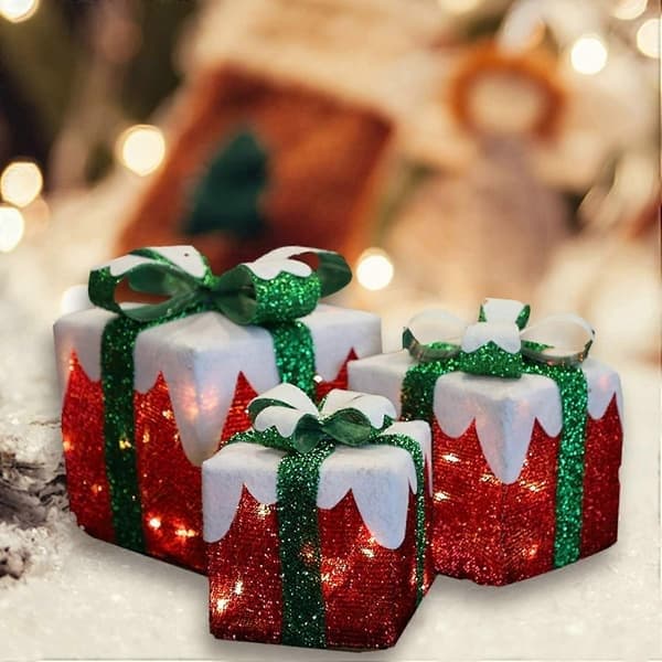 Set med 3 LED-presentaskar med grön rosett, julklappsaskar, festdekorationer