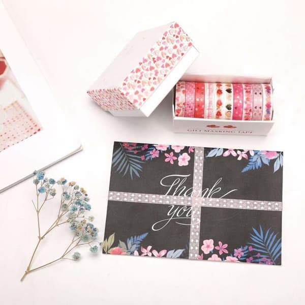 Dekorativt Klæbebånd - 10 Ruller - Guld Washi Papir - Kærlighedsdesign - Scrapbooking og Håndværk