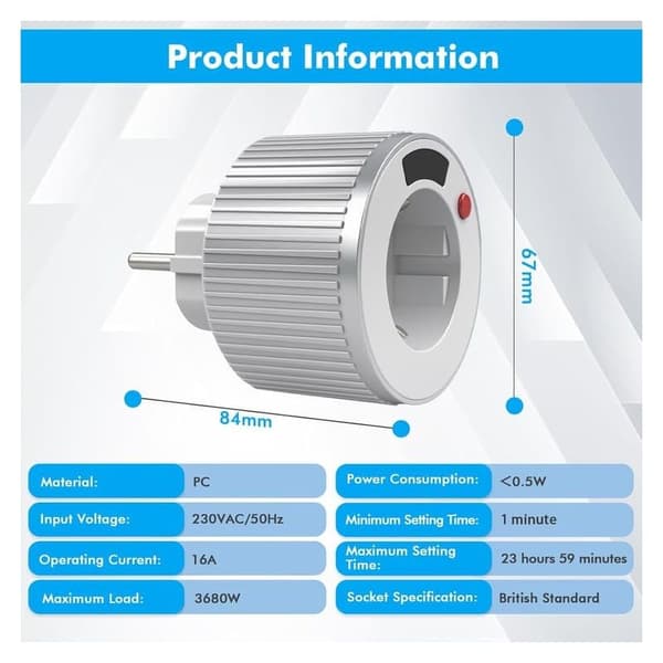 Timerplugg, AC230V 16A 3680W, LED-skjerm, 24-timers timer med 1-minutts intervall