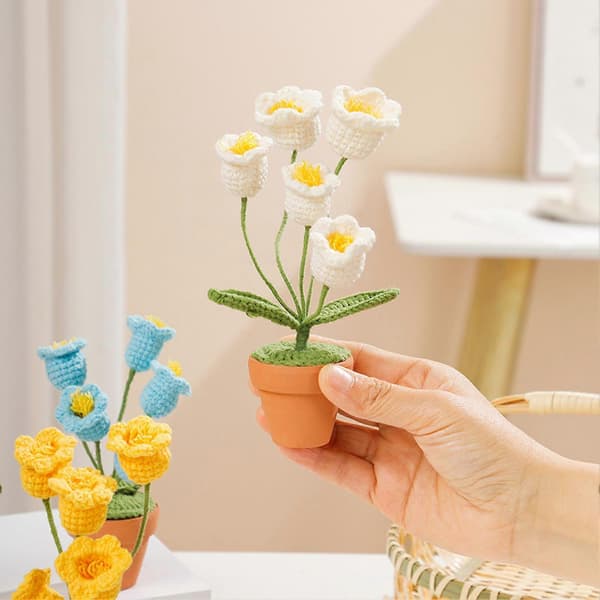 Vævede potteplanter, håndstrikkede mini hæklede plantepotter White