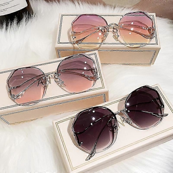 Irregulære Runde Solbriller Dame Mærke Designer Gradient Mode Solbriller Kvinde Kantløse Metal Buede Stænger Oculos De Sol Double Gray other