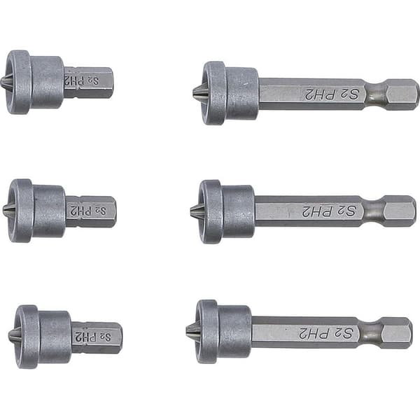Bitssett med dybdestopp for gipsplater, flerfarget, 6,3 mm (1/4\") utvendig sekskant, PH2 krysshode - 6 deler, lite
