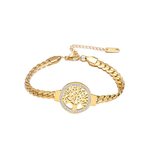 Dame 18K Guldbelagt Rustfrit Stål Livets Træ CZ Cubansk Armbånd