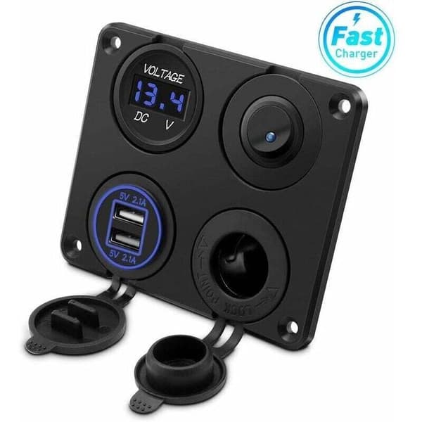 Tupakansytyttimen pistorasia, kaksi 4,2A USB-porttia, 12V DC-ulostulo
