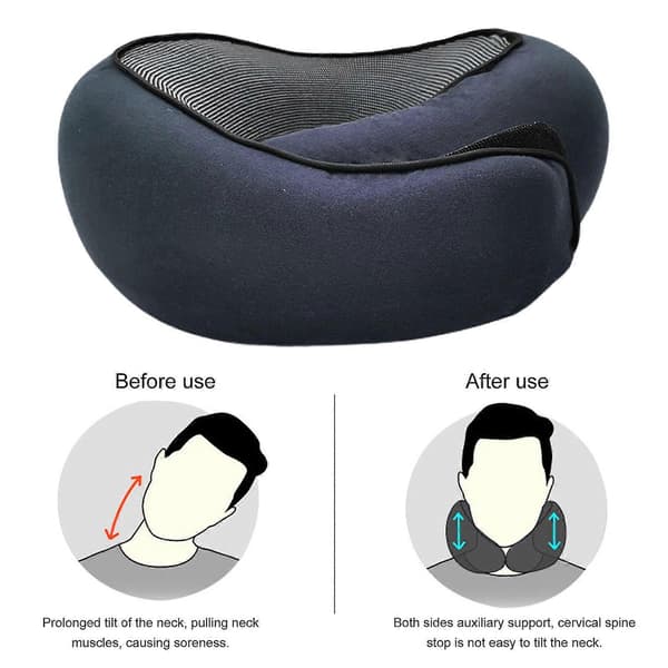 Nackkudde i Memory Foam för Resor, 360 Graders Stöd, U-formad Flygplanskudde med Justerbar Fästtejp, Sovkudde QingHai Dark Gray