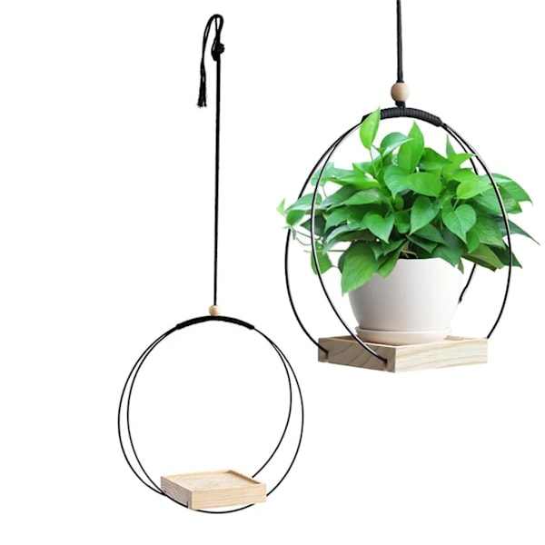2 st Hängande Blomkrukehylla med Inomhus Hängande Blomkrukor, Balkong Dekoration, Växter, Vardagsrum, Trähylla, Hängkorg (Rund*Svart)