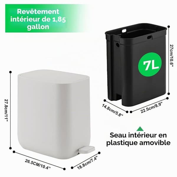 7L Pedalspand - Glat ABS - Blødt lukkende låg - Til badeværelse, køkken, kontor - Elfenben