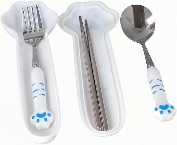 3-delat tecknat sött kattklo sked gaffel pinnar set utomhus camping bärbart servis set (2 delar) Blue