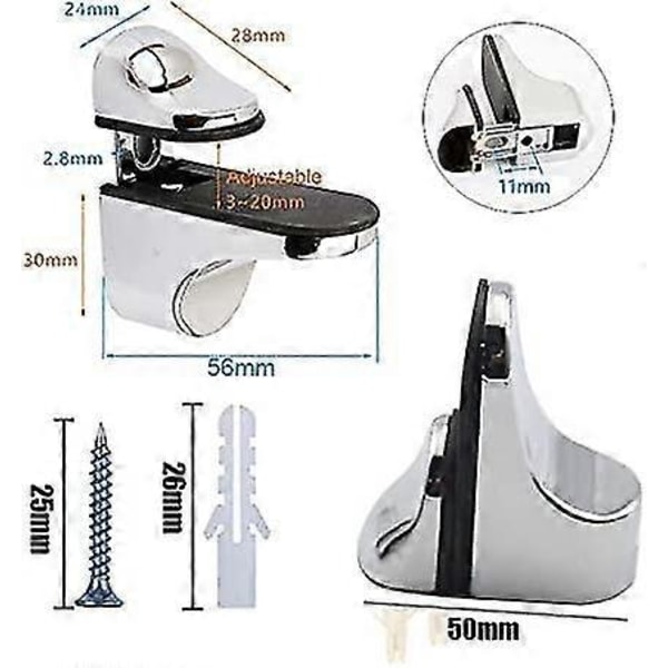 4 stk. glasshylleholder, justerbar
