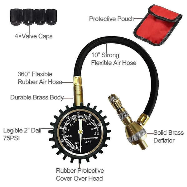 Däcktrycksmätare, 2 i 1 Professionell bil-däcktrycksmätare 75psi med specialchuck för 4x4 stora terrängdäck