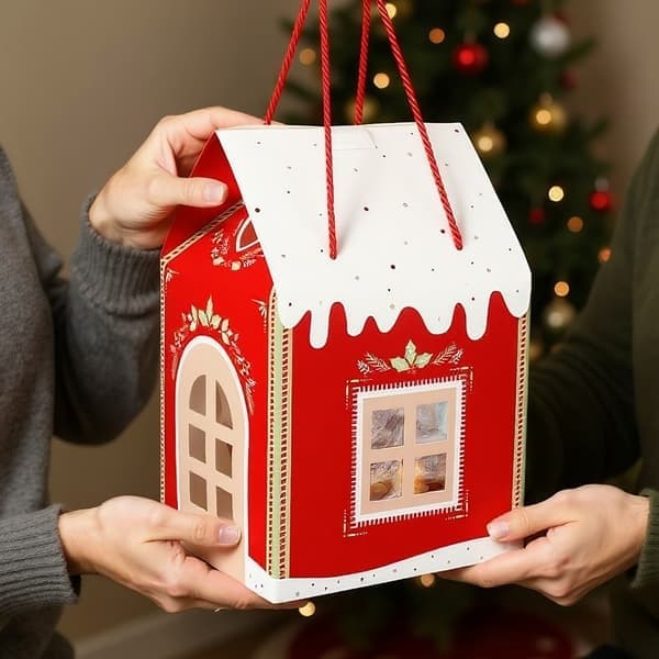 Julunderland Stuga Presentförpackning, Husformad Presentförpackning - Idealiska Presenter och Lyx för Hemmet - Röd Jul Red