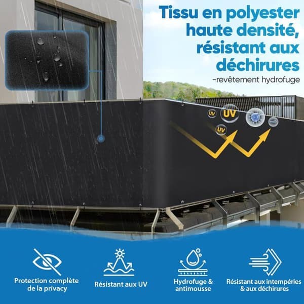 Parvekkeen näkösuoja - 1 kpl - Musta polyesteri - UV- ja tuulisuoja - Puutarha ja terassi - 75 x 300