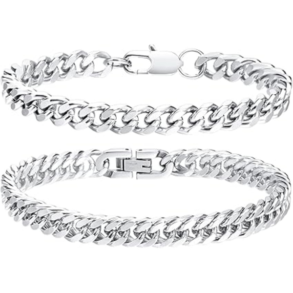 2 stk. Curb Chain Armbånd, Titanium Stål Armbånd Cubansk Link Kæde Drenge Sølv Cubansk Armbånd Mænd Kvinder(001+003)