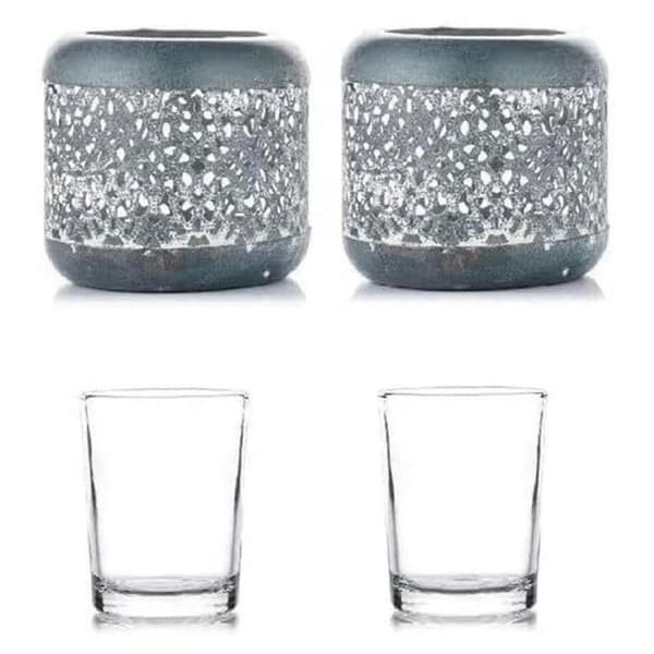 Vintage metall- og glass telysholder, uthulet design 2 stk
