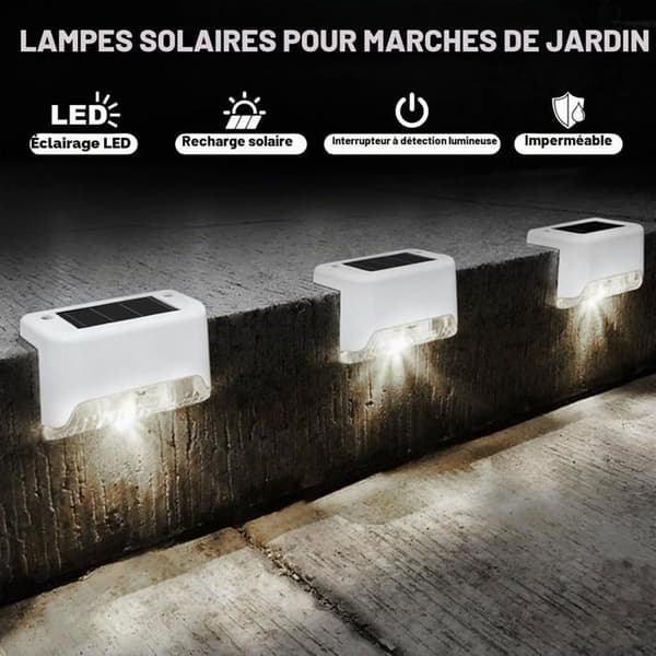 Solcellebelysning for utendørstrapp - Vanntett LED-trappelys med automatisk tenning - 4 stk solcelledrevne lamper (kaldhvit)