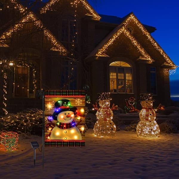 LED snømann hageflagg, vinter hageflagg 30x46 dobbeltsidig (SNØMANN flagg med lys-30X46cm) SNOWMAN flag with lights