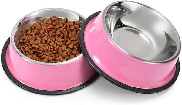 2 stycken hundskålar, hund- och kattskålar i rostfritt stål för utfodring av vatten och mat A pink L 2 Count