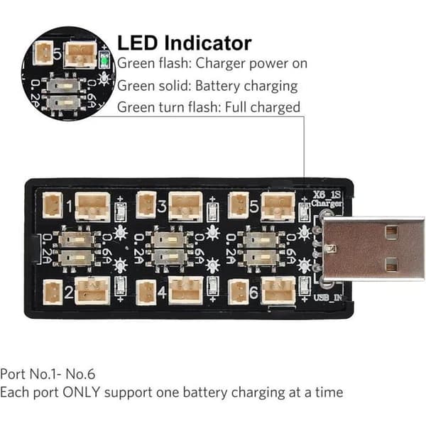 6-kanals USB-oplader - 1S LiPo 3.7V - JST PH 2.0 og Micro 1.25 stik - Til RC og modelfly