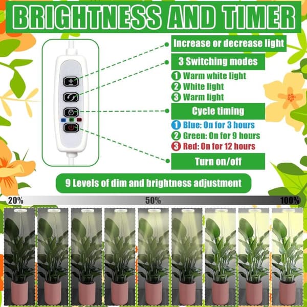 Fuld-spektrum LED vækstlys til indendørs planter, justerbar højde med 3/9/12 timers timer, 10 lysstyrkeniveauer, 3 tilstande, til små planter