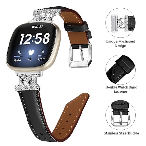 Ægte læderrem i M-form til Fitbit Versa 3/Versa 4/Sense/Sense 2 Black Fitbit Versa 3