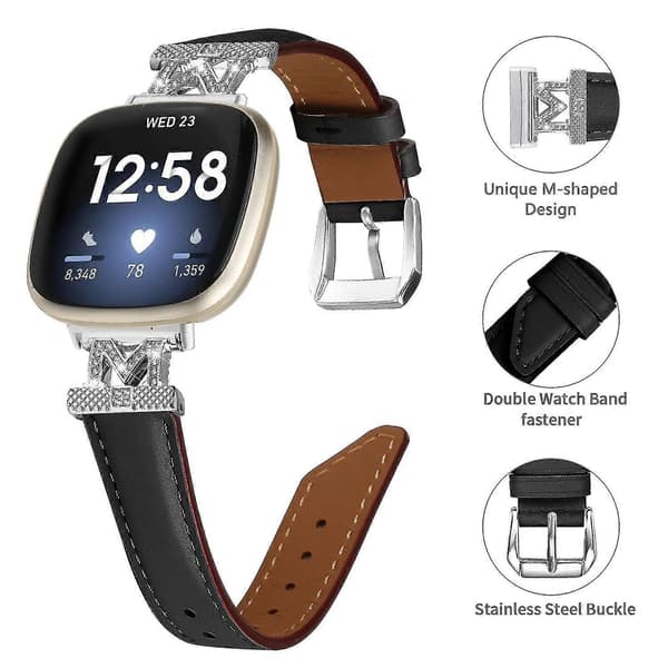 Äkta läderarmband i M-form för Fitbit Versa 3/Versa 4/Sense/Sense 2 Black Fitbit Versa 3