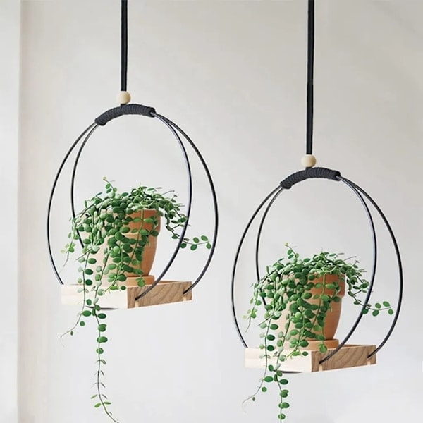 2 st Hängande Blomkrukehylla med Inomhus Hängande Blomkrukor, Balkong Dekoration, Växter, Vardagsrum, Trähylla, Hängkorg (Rund*Svart)