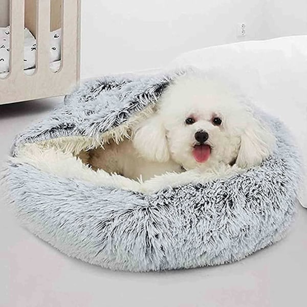 Beroligende hundesenger og kattehule seng med hette, avtakbare vaskbare runde senger for små og mellomstore kjæledyr, sklisikker, myk og fluffy seng i imitert pels, Fas Gray 50CM