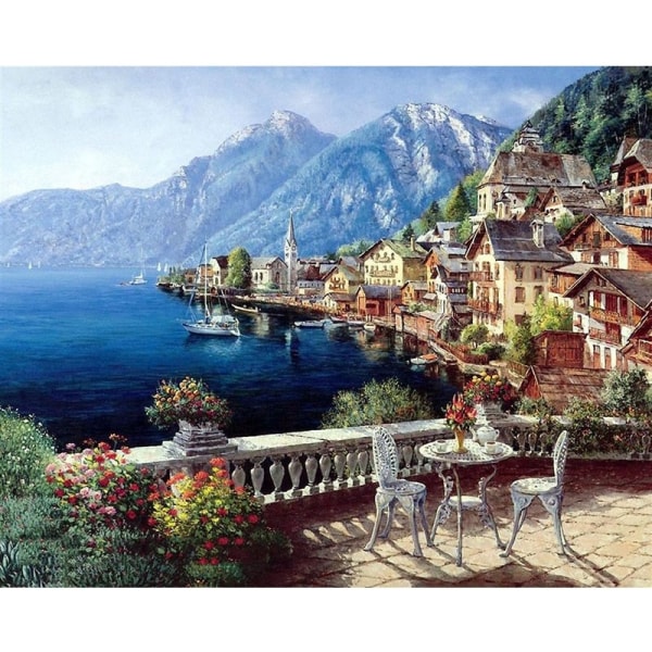 Canvas tavla måla efter nummer akryl - 40*50 cm - Nr 9 utsikt över hamn och berg