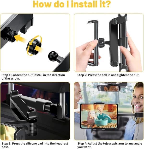 Nestling Tablettholder til bil, 360° roterbar iPad-holder til bagsæde med foldbar arm, biltabletholder til børn
