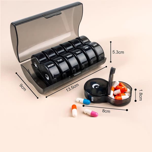 Pilleopbevaringsboks (to gange dagligt), pilledispenser, pilleæske (7 dage - sort)