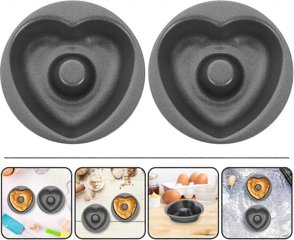 2 stk. hjerteformede doughnutbageforme i kulstofstål, non-stick, til hjemme- og bageribrug