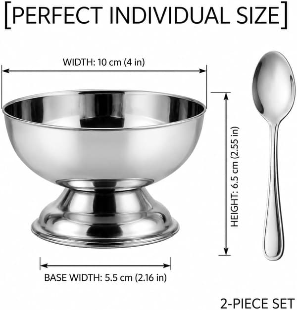 2-pack 4-tums glasskålar i rostfritt stål, fotade dessertkoppar silver