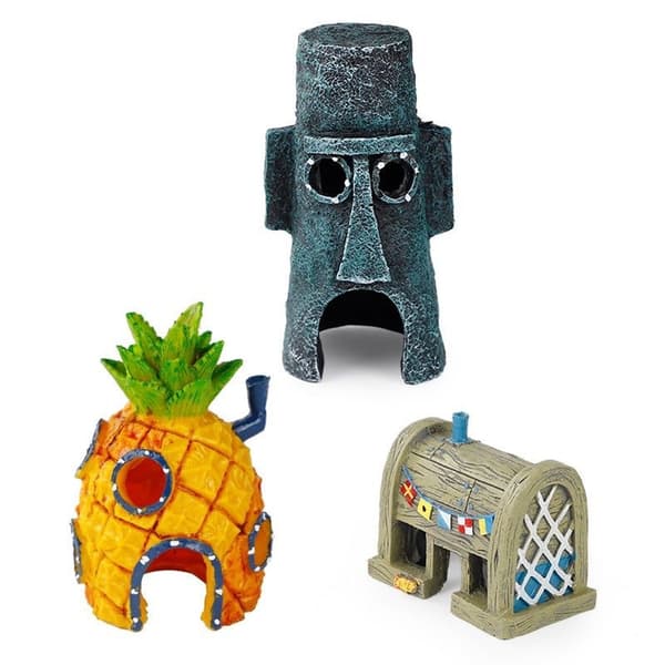 Aquarium Decorations. SpongeBob's Pineapple, Squidward's House, and Krusty Krab Resin Figures. 6 Character Models