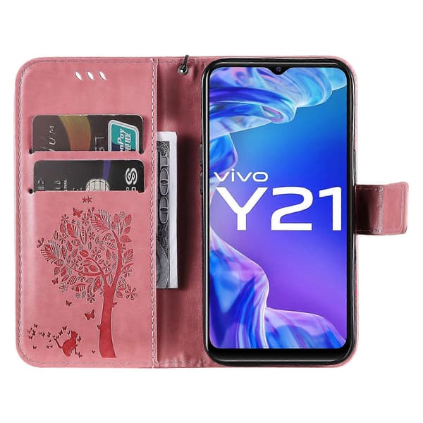 For vivo Y21/Y21s/Y33s Tree & Cat Embossing Pattern Horizontal Flip PU Leather Case with Holder & Card Slots & Wallet & Lanyard [DB] Pink Pink