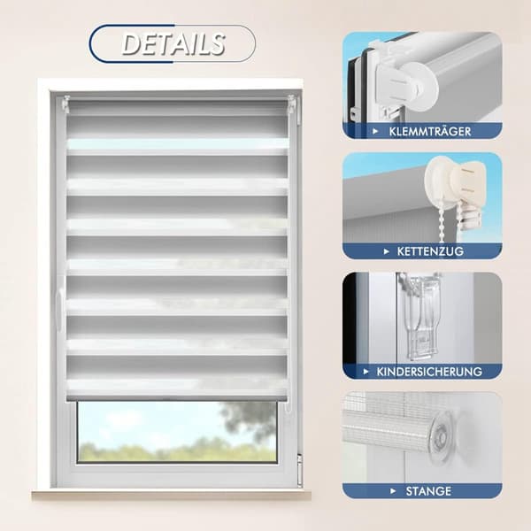 Day and Night Blackout Blind without Drilling - White - 45 x 130 cm - Roller Blind, Double Fabric, for Interior Windows