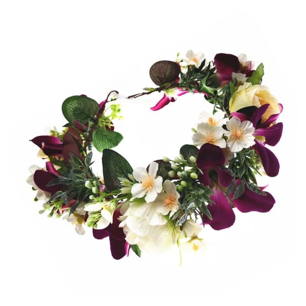 Blomsterkrans Pannebånd og Blomsterhårkrone Brudehodeplagg med Lilla Hvite Simulerte Orkidéblomster for Brudepiker Bryllup