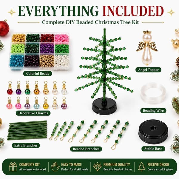 Gør-det-selv perlet juletræssæt 3D mini krystalperle julehåndværkssæt, #A | 5 sæsonbestemte designs, borddisplay, inkluderer alle materialer, voksne