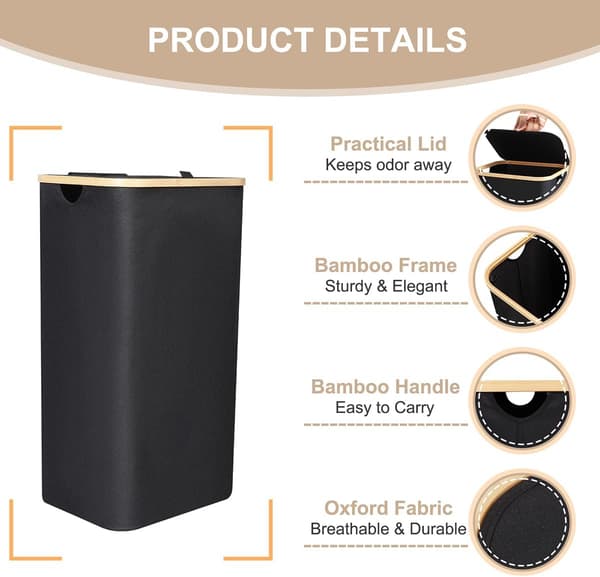 (Black) Laundry Basket, 100L Laundry Hamper with Lid and Handles