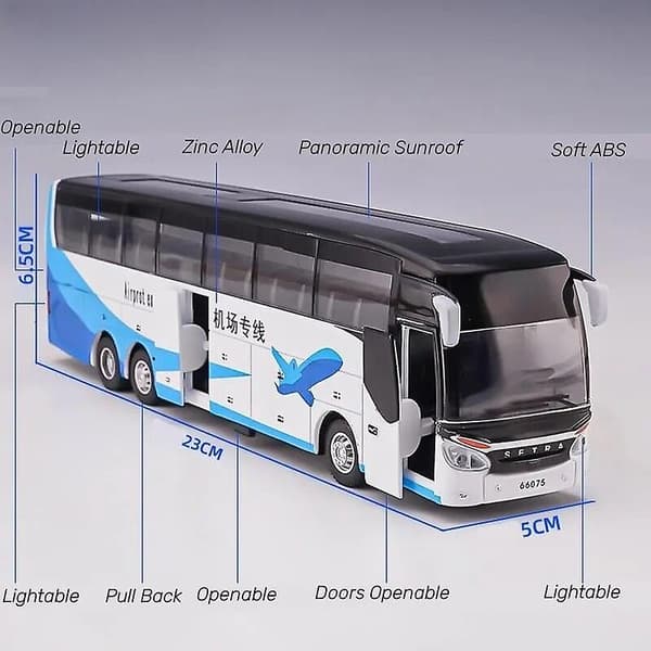1/32 Setra Luksusbus Legetøjsbil Støbt Miniaturmodel Træk tilbage Lyd & Lys Pædagogisk Samling Gave til drenge Blå Blue