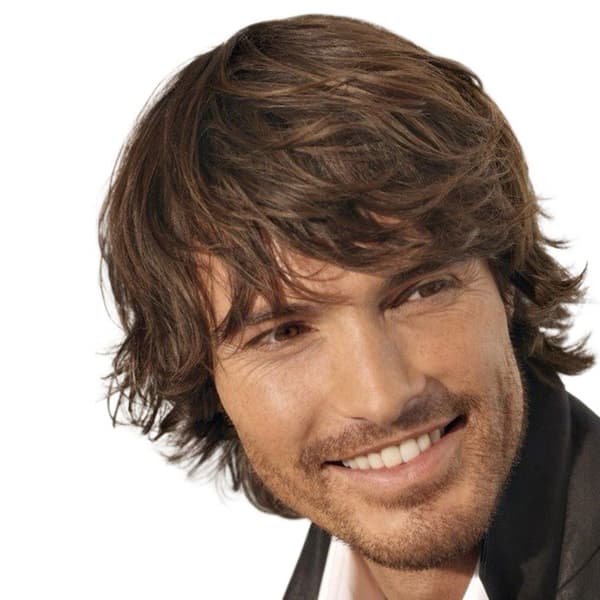 Synthetic Straight Wig for Men, Long Bangs, Adjustable, Brown, Soft Cosplay Wig