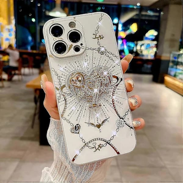 iPhone 16 Pro Max skal med stativ TPU+PC strass dekor telefonfodral - Vit