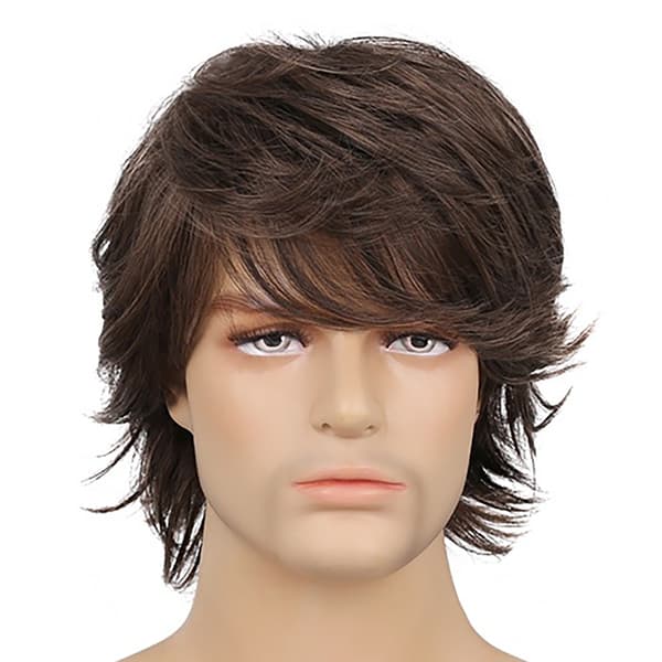 Synthetic Straight Wig for Men, Long Bangs, Adjustable, Brown, Soft Cosplay Wig