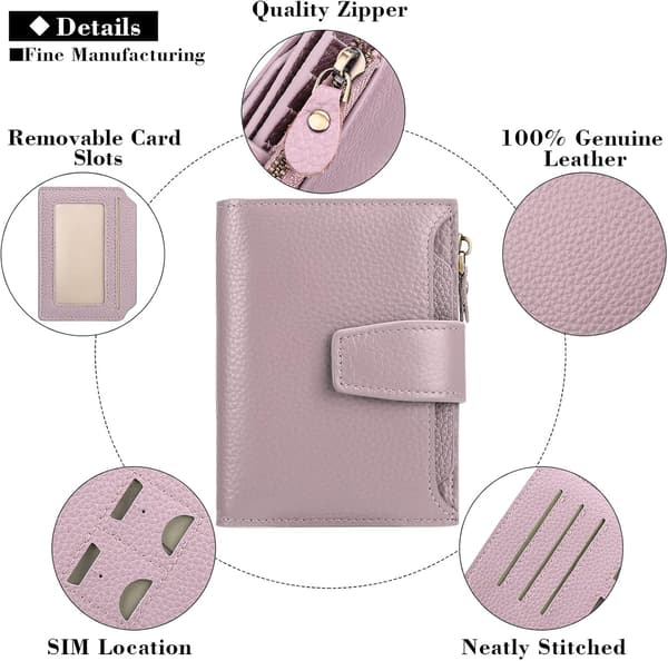 Women's Genuine Leather Wallet Compact Size Card Holder RFID Protection Anti-skimming Purple