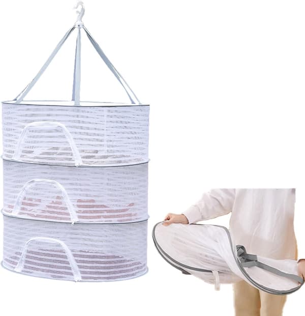 Hanging Drying Net Rack, 3-Layer Foldable Mesh Dryer with Zipper, Nylon Steel Frame for Herbs, Fruit, Fish, Vegetables, Clothes, White 104x70x50cm