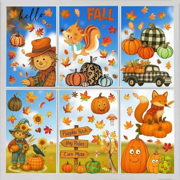 9-pack Self-Adhesive Window Film/Window Decals Halloween Autumn Decoration – Pumpkins, Maple Leaves, Tractor